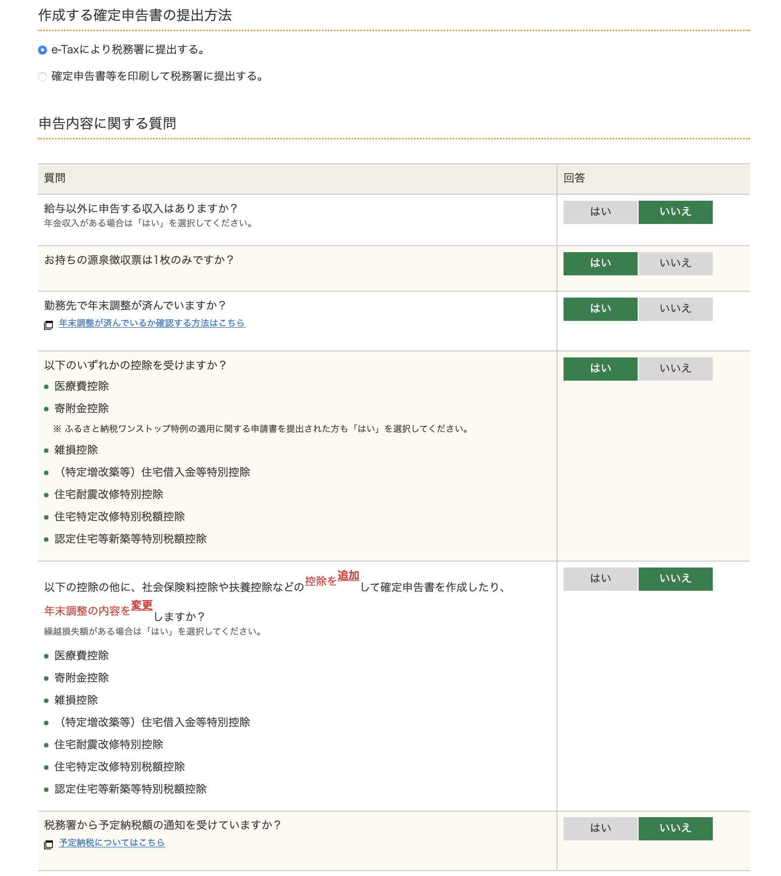 確定申告書の内容に関する質問